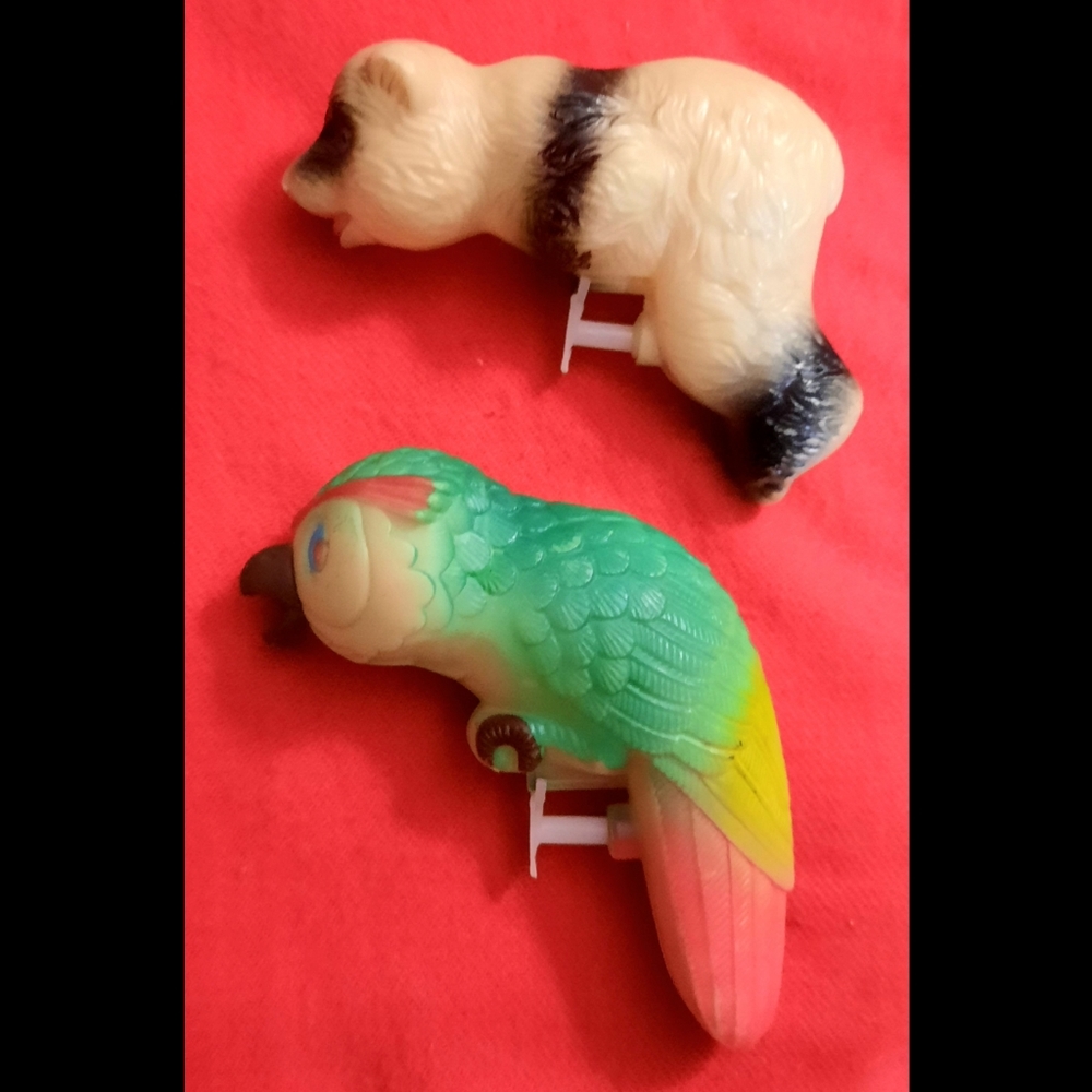 Vintage 1950s Animal Squirt Guns Toy Lot of 2 Panda Bear & Parrot